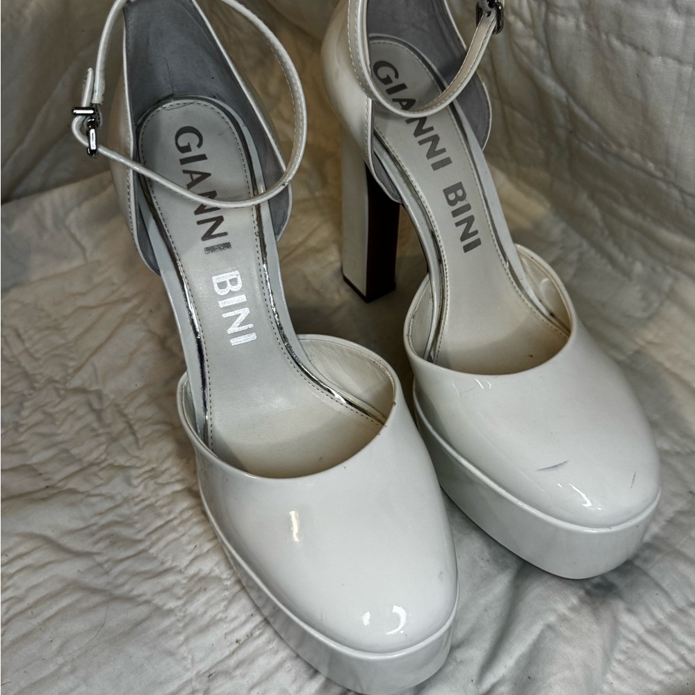 Gianni Bini White Patent Platform Ankle-Strap Pumps